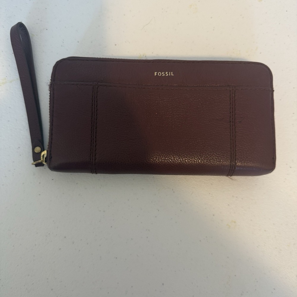 Fossil Jori RFID Zip Around Wallet Raspberry Leather Wristlet Burgundy‎ Gold